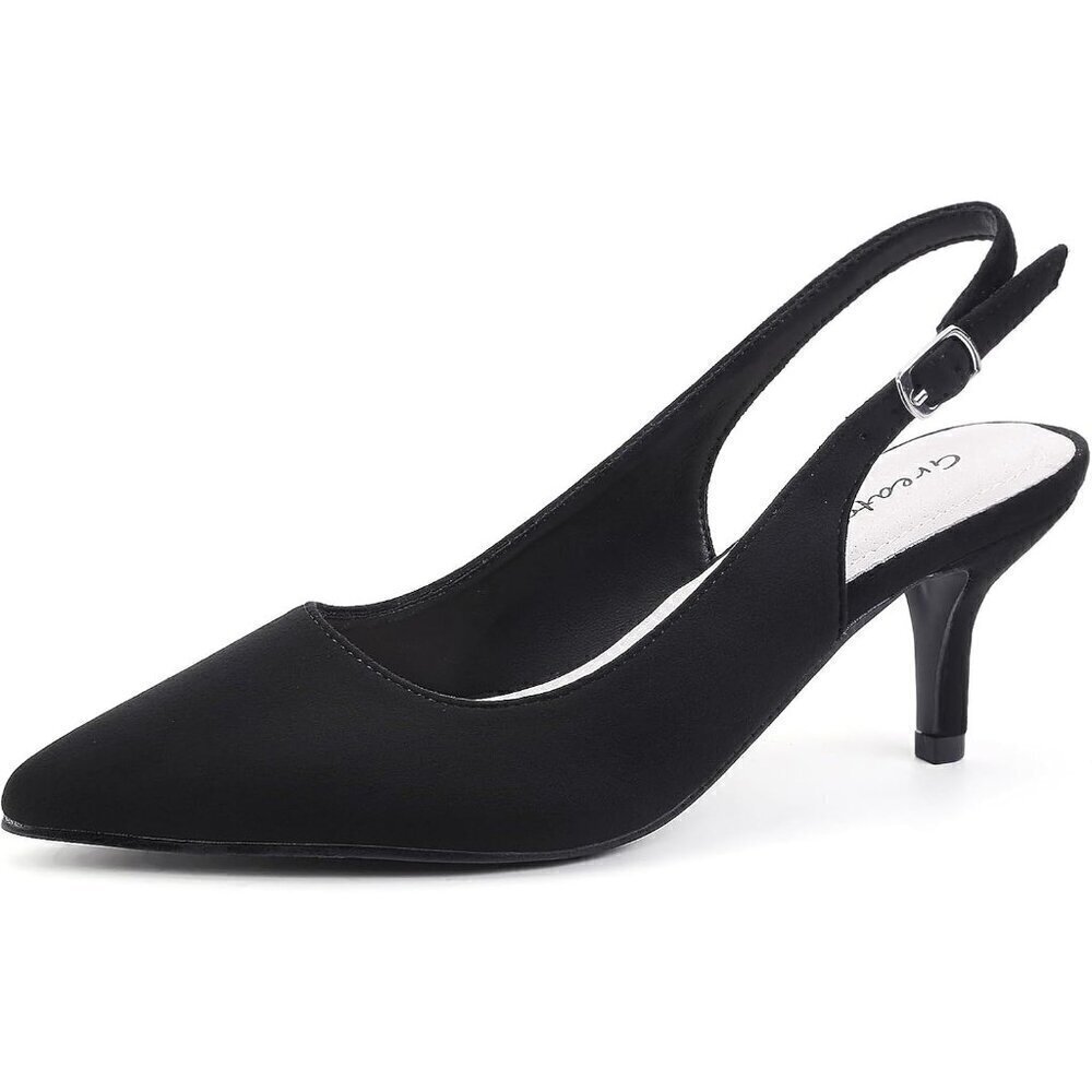 Women’s Black Low Heel Pump Closed Pointed Toe Kitten Wedding Party Dress Shoes - Picture 1 of 4